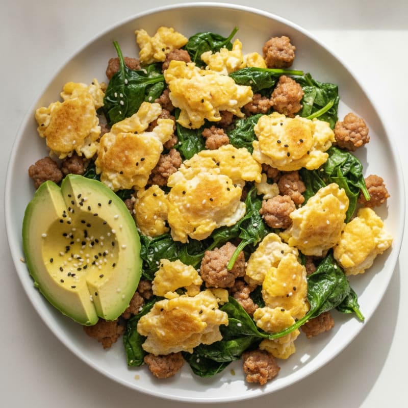Scrambled Eggs with Turkey Sausage and Sautéed Spinach