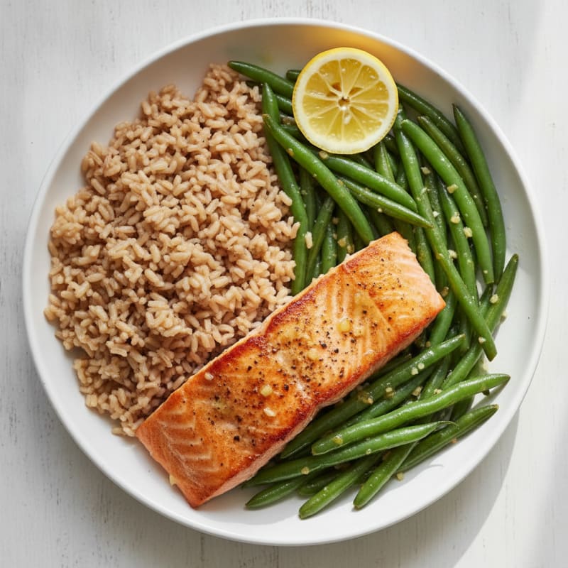 Seared Salmon with Lemon Garlic Green Beans and Brown Rice
