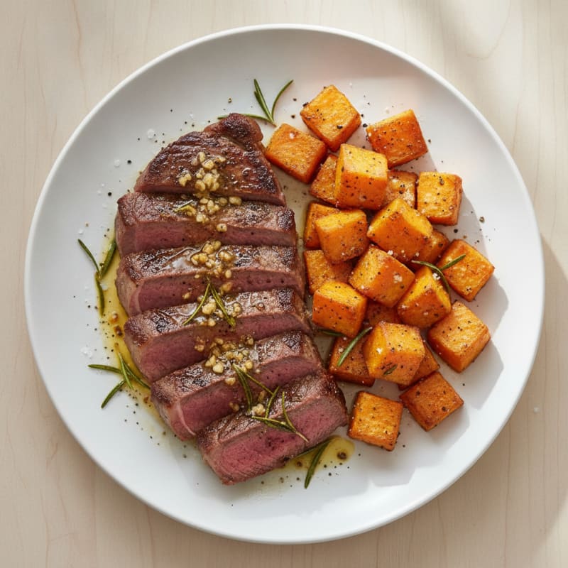 Garlic-Herb Steak with Roasted Sweet Potatoes