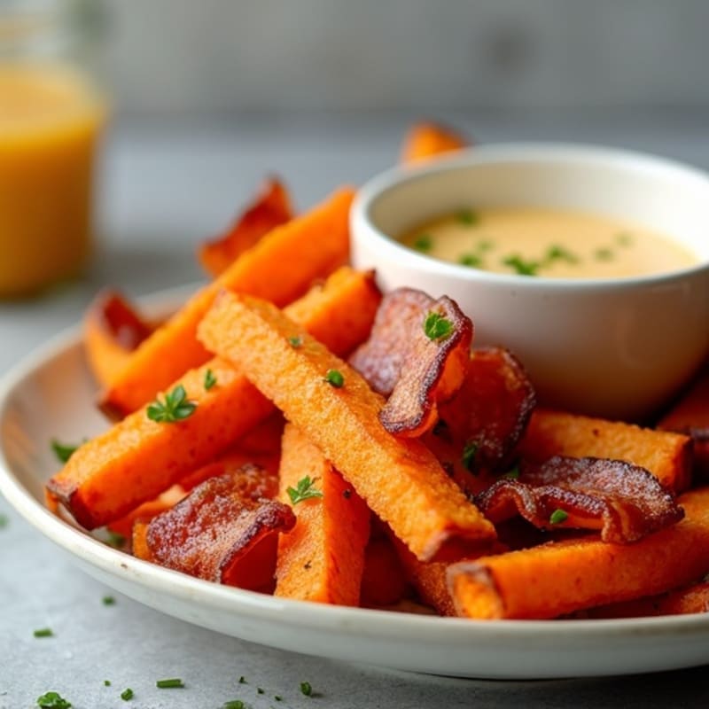Crispy Sweet Potato Fries with Creamy Cheesy Sauce and Turkey Bacon