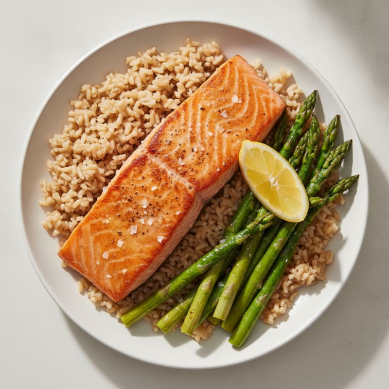 Seared Salmon with Steamed Asparagus and Brown Rice