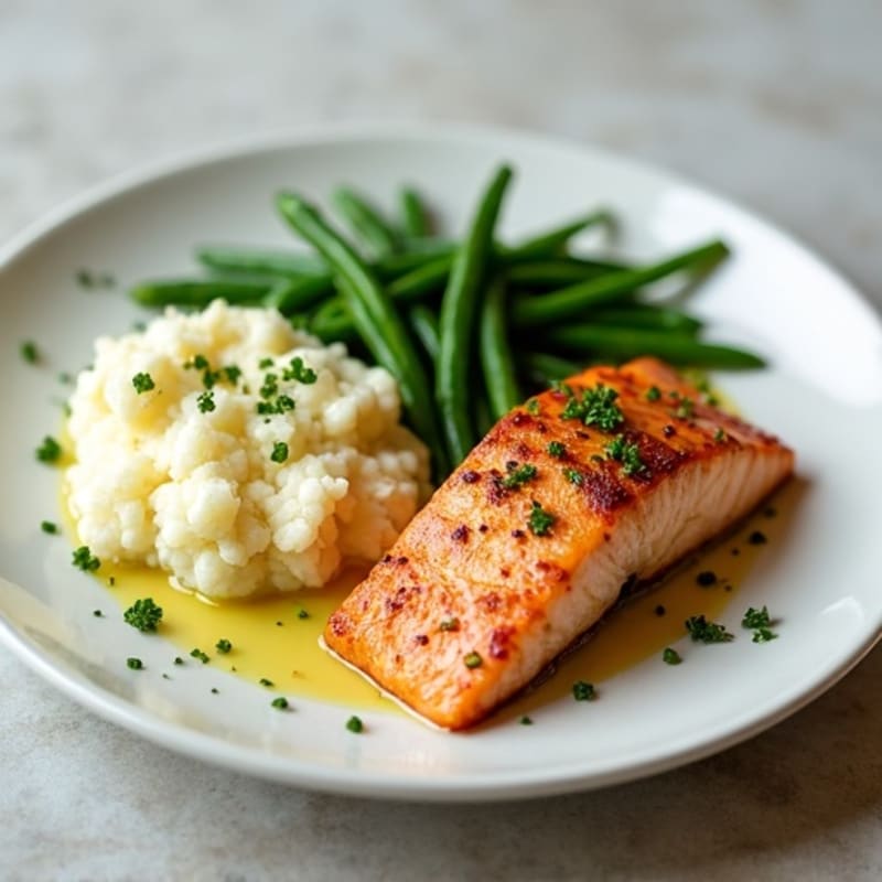 Seared Salmon with Garlic Green Beans and Mashed Cauliflower