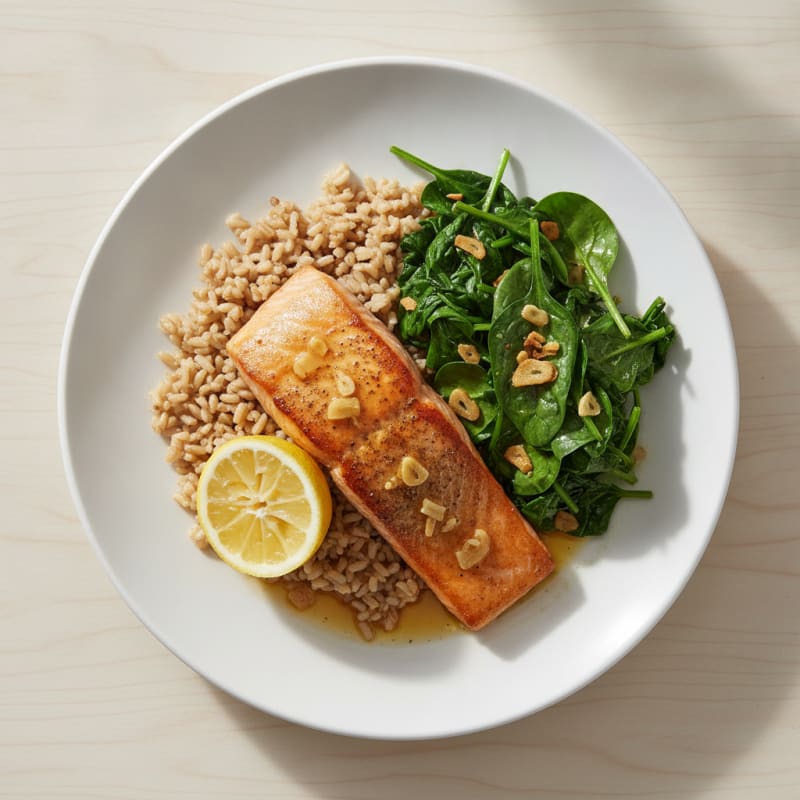 Seared Salmon with Garlic Sautéed Spinach and Brown Rice