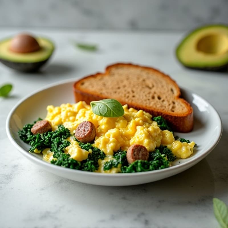 Egg White and Turkey Sausage Scramble with Sautéed Spinach