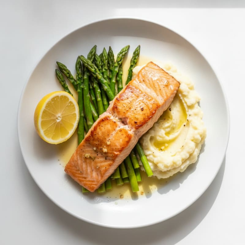 Seared Salmon with Steamed Asparagus and Garlic Mashed Cauliflower