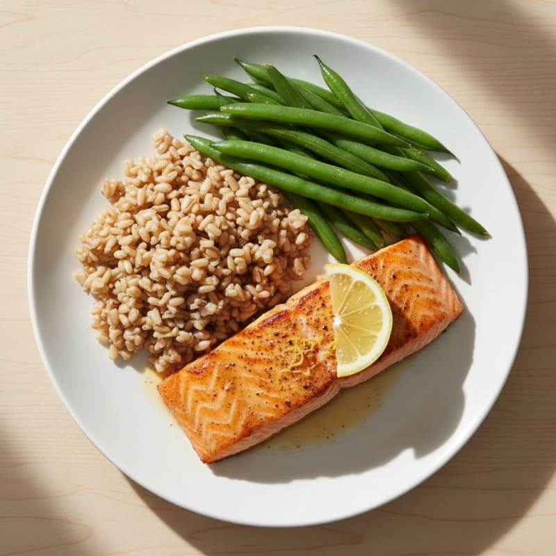 Seared Salmon with Steamed Green Beans and Brown Rice