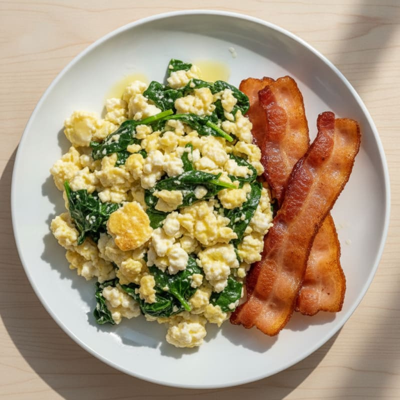 Cottage Cheese Scramble with Spinach and Turkey Bacon