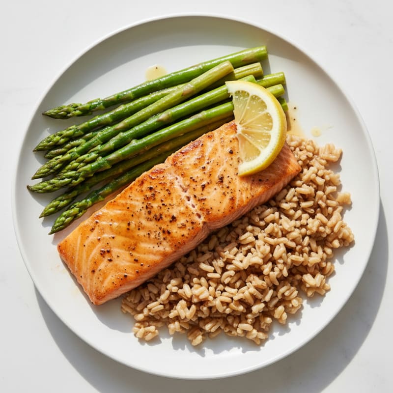 Seared Salmon Fillet with Steamed Asparagus and Brown Rice