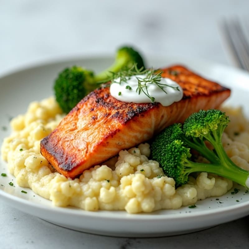 Seared Salmon with Roasted Broccoli and Cauliflower Mash