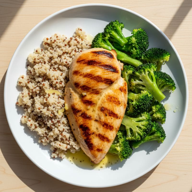 Grilled Chicken Breast with Steamed Broccoli and Quinoa