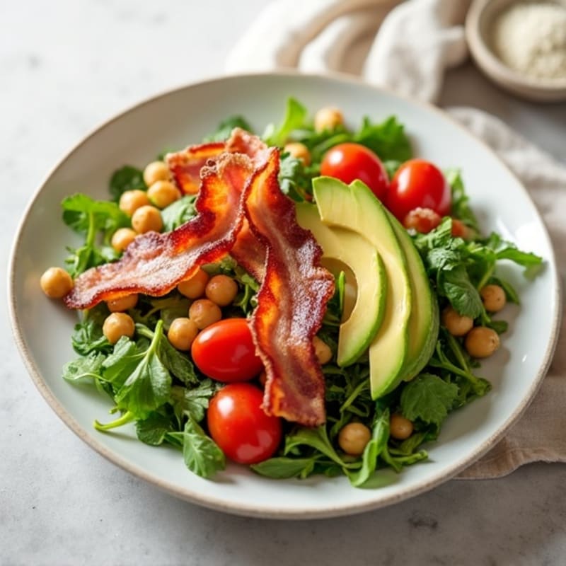 Crispy Turkey Bacon and Fresh Greens Salad with Tangy Tomato and Creamy Avocado Dressing