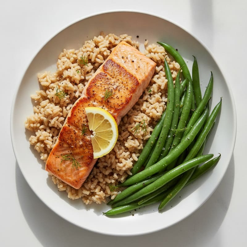 Seared Salmon with Steamed Green Beans and Brown Rice