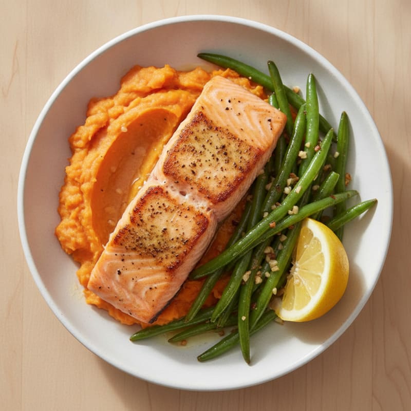 Seared Salmon with Garlic Green Beans and Sweet Potato Mash