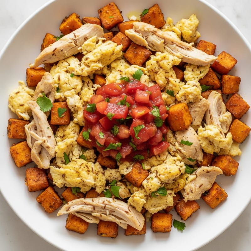 Scrambled Egg and Chicken Bowl with Sweet Potato Hash