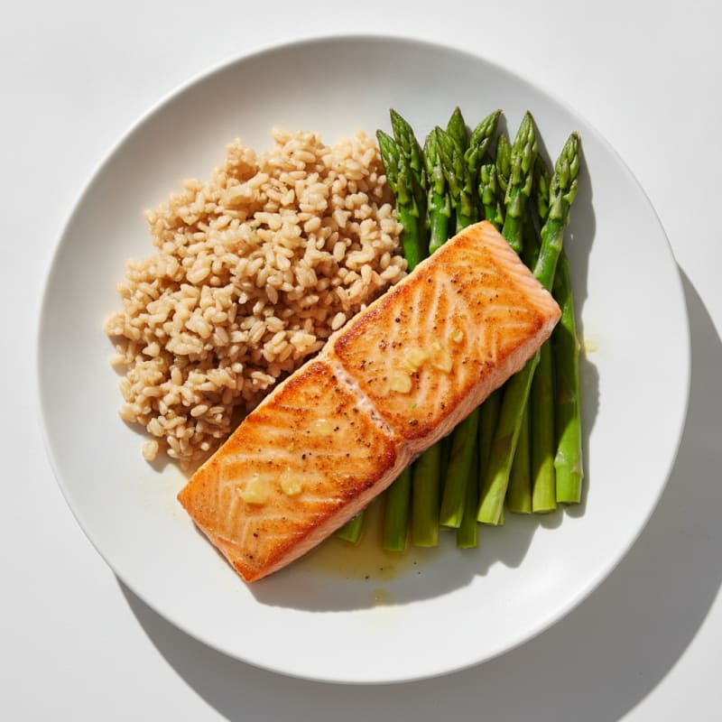 Seared Salmon with Steamed Asparagus and Brown Rice