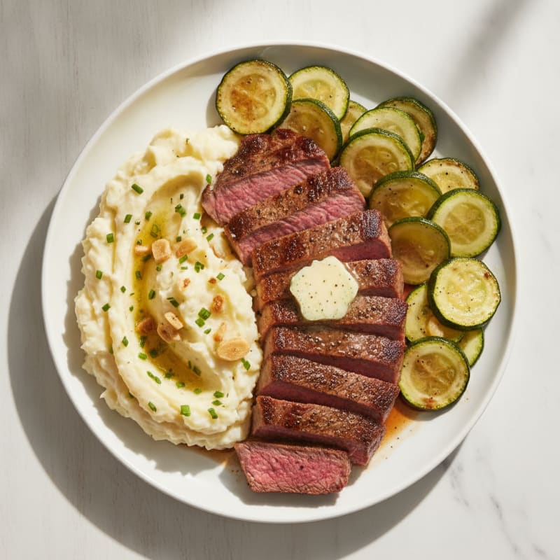 Seared Steak with Garlic Mashed Potatoes and Sautéed Zucchini