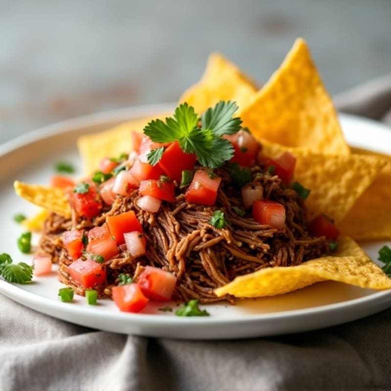 Slow-Cooked Pulled Pork with Crispy Baked Corn Tortilla Chips and Fresh Pico de Gallo