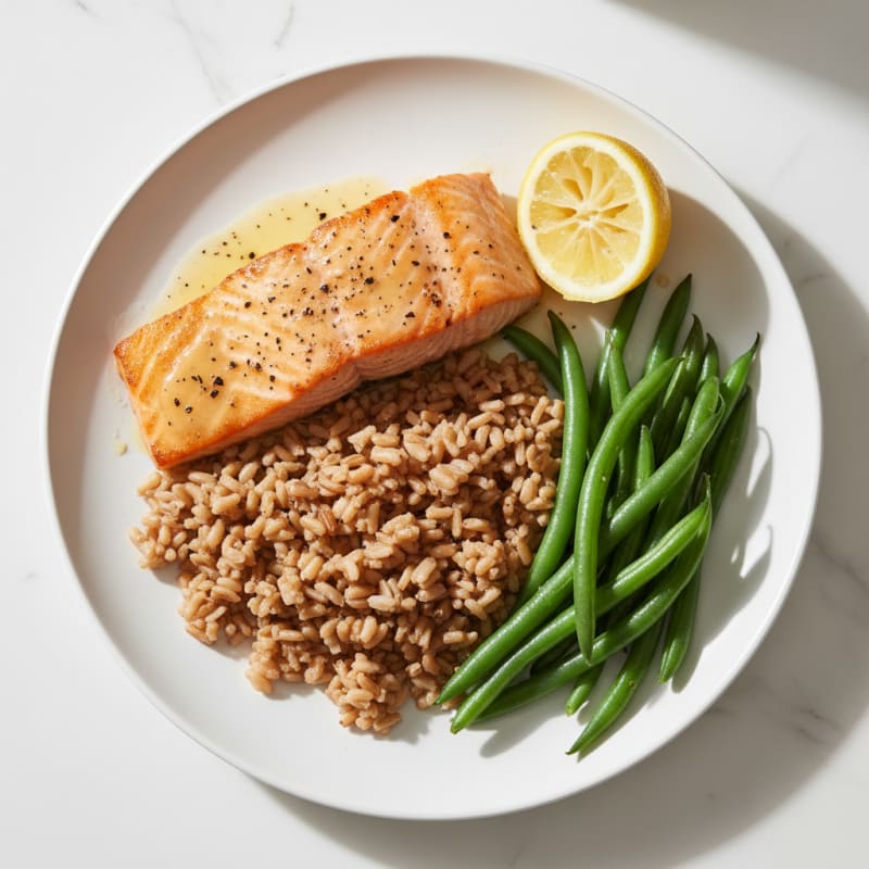 Seared Salmon with Steamed Green Beans and Brown Rice