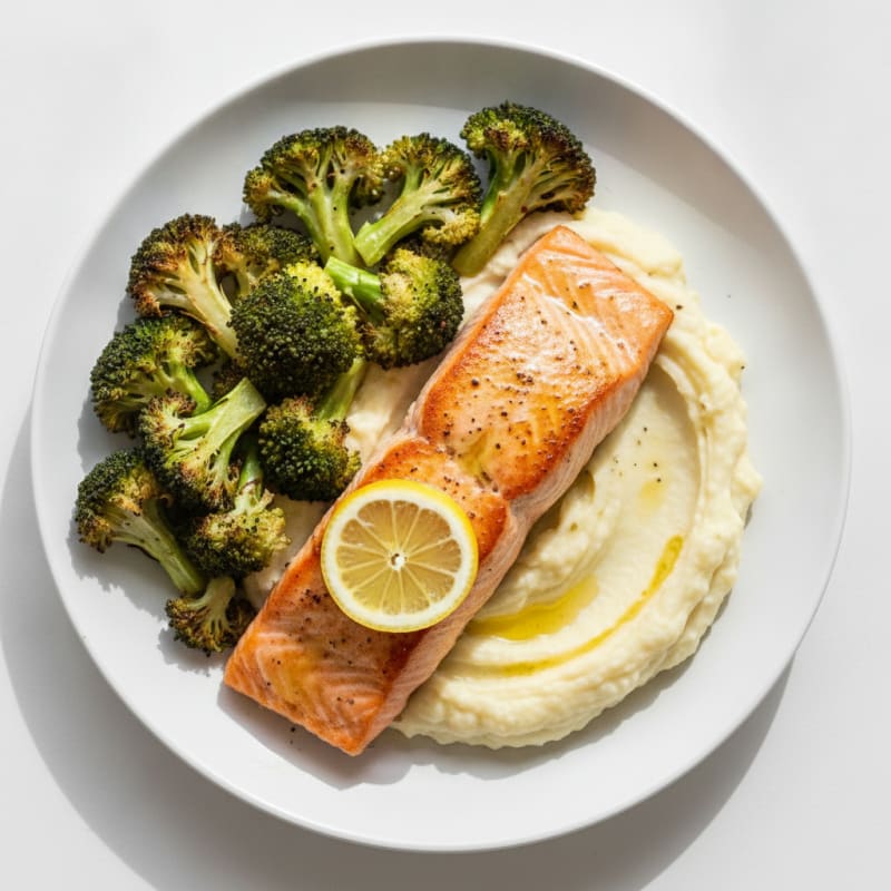 Seared Salmon with Roasted Broccoli and Garlic Mashed Cauliflower