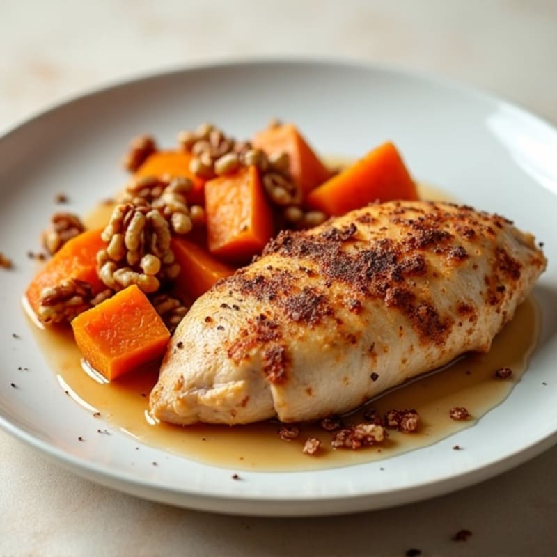 Cinnamon-Spiced Chicken with Toasted Walnuts and Roasted Sweet Potatoes