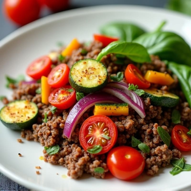 Lean Ground Beef and Roasted Vegetable Skillet