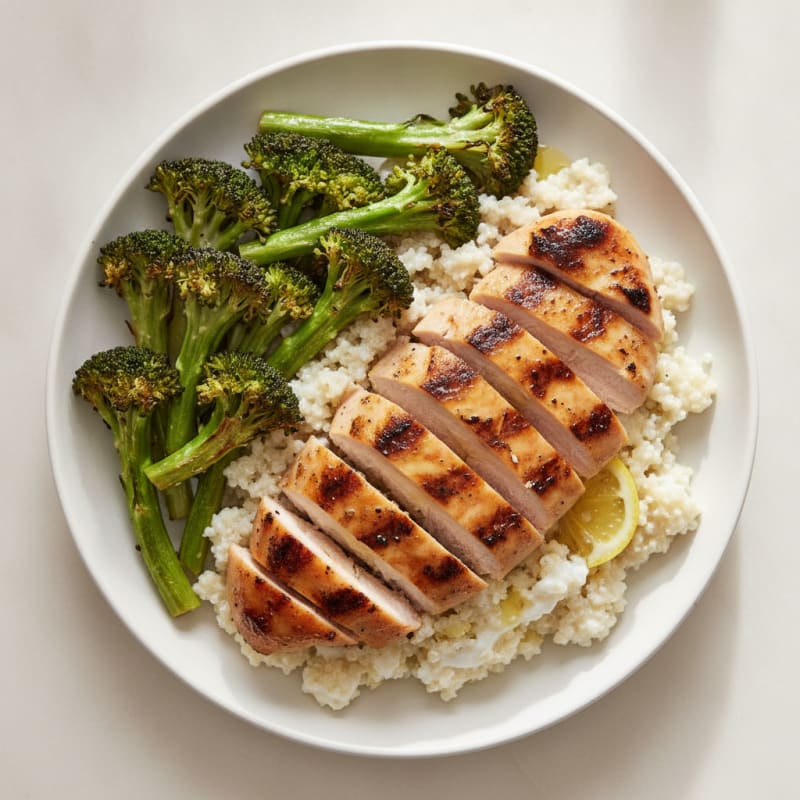 Grilled Chicken Breast with Creamy Quinoa and Roasted Broccoli