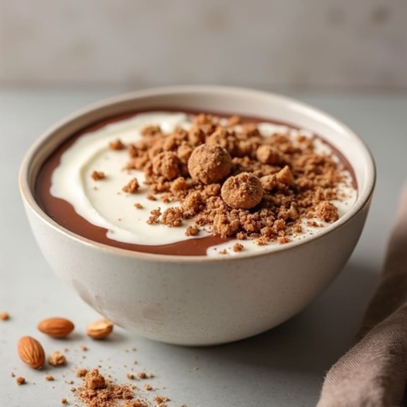 Creamy Protein Cheesecake Bowl with Chocolate Swirl and Nutty Crumble