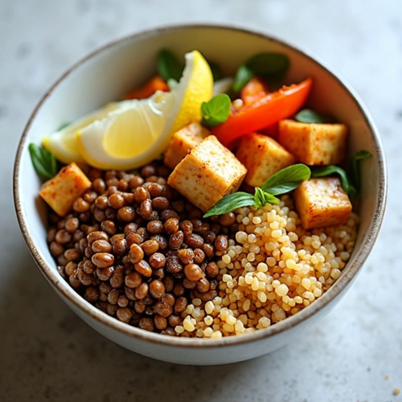 Crispy Lentil and Quinoa Power Bowl with Roasted Vegetables