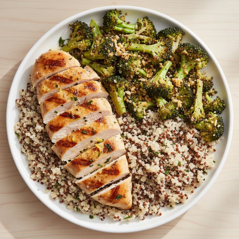 Grilled Chicken Breast with Garlic Roasted Broccoli and Quinoa
