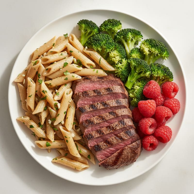 Seared Lean Beef with Garlic Herb Pasta and Steamed Broccoli