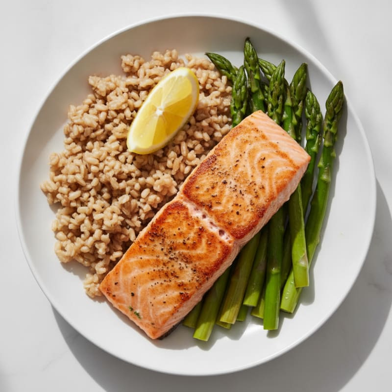 Seared Salmon Fillet with Steamed Asparagus and Brown Rice