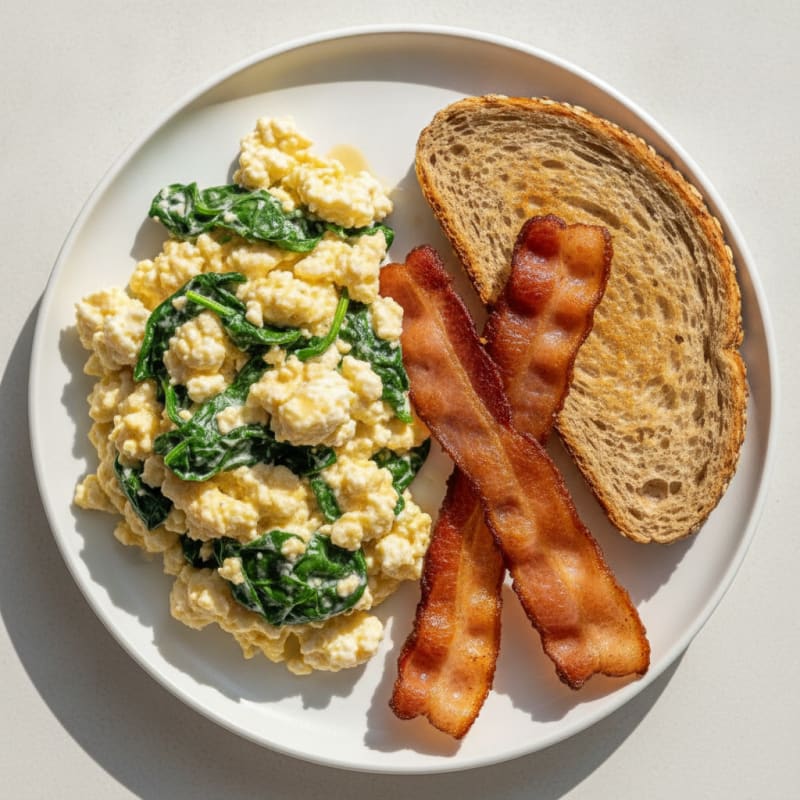 Cottage Cheese Egg Scramble with Spinach and Turkey Bacon