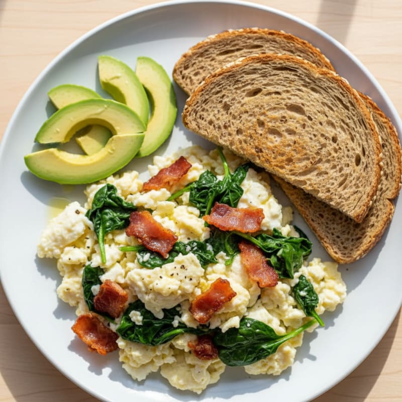 Crispy Turkey Bacon and Egg White Scramble with Sautéed Spinach