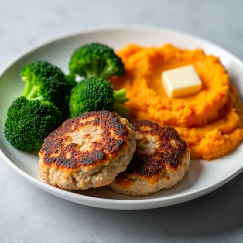 Seared Turkey Patties with Steamed Broccoli and Sweet Potato Mash
