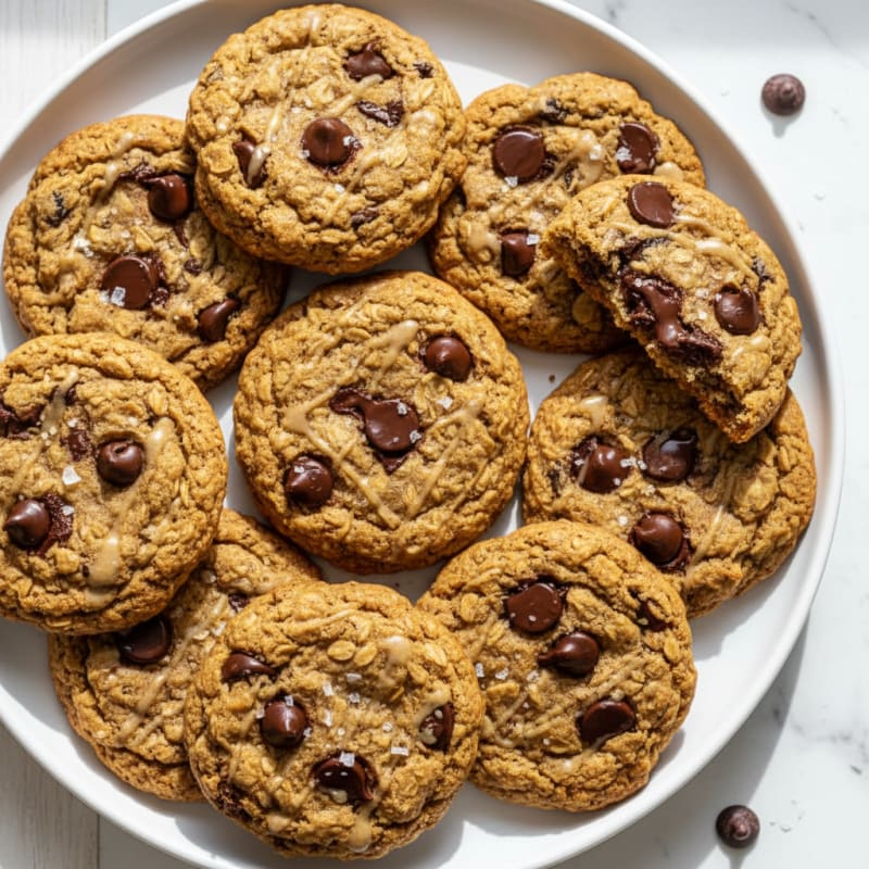 Golden Chewy Chocolate Chip Oatmeal Cookies