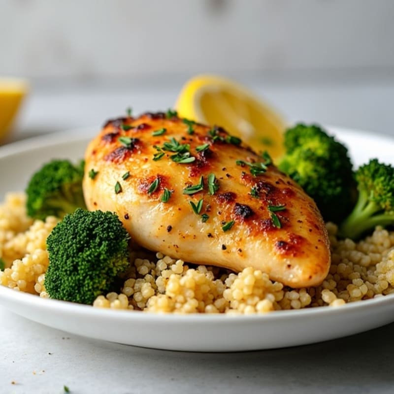 Lemon Herb Roasted Chicken with Quinoa and Crispy Roasted Broccoli