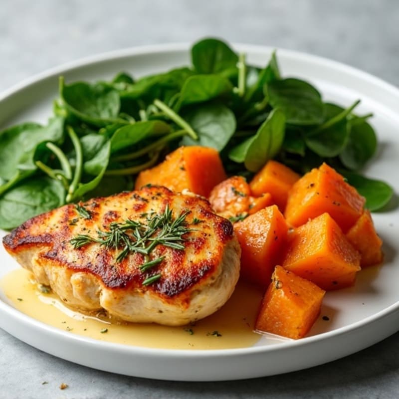 Crispy Roasted Sweet Potato with Lemon Herb Chicken and Sautéed Greens