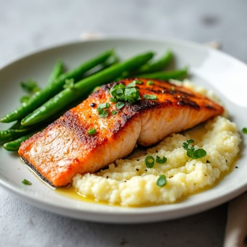 Seared Salmon with Garlic Green Beans and Cauliflower Mash