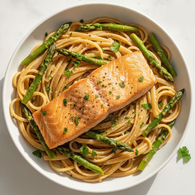 Garlic Butter Salmon Linguine with Asparagus