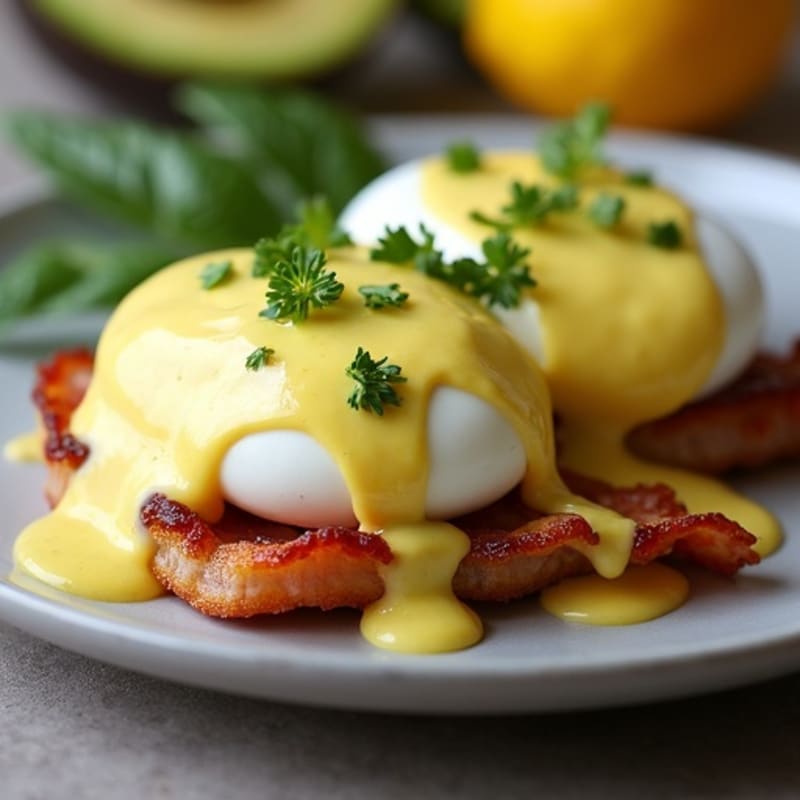 Poached Eggs with Avocado Hollandaise on Turkey Bacon