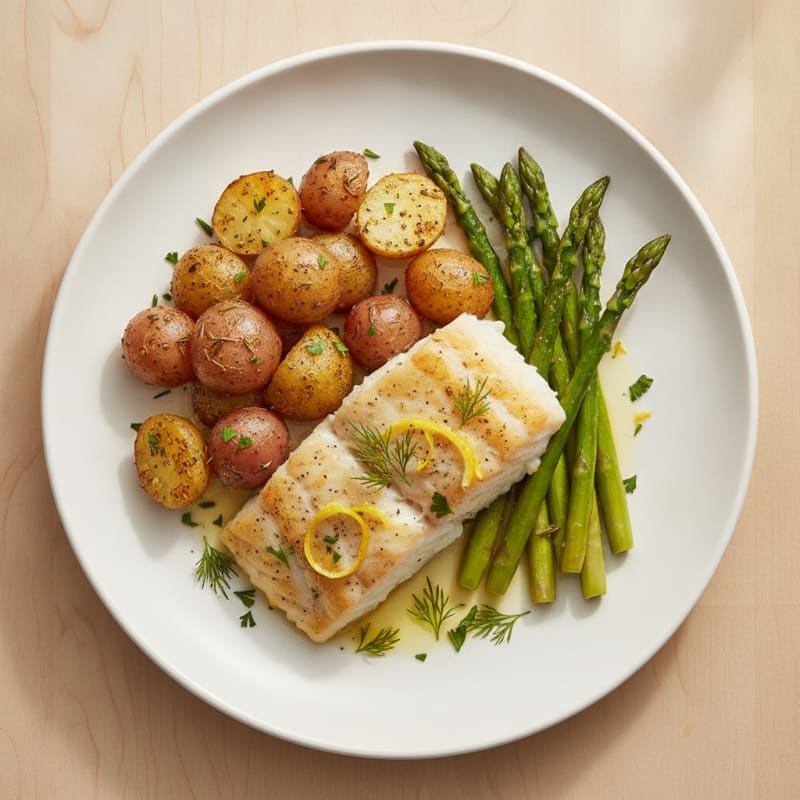 Oven-Baked Cod with Herb Potatoes and Asparagus