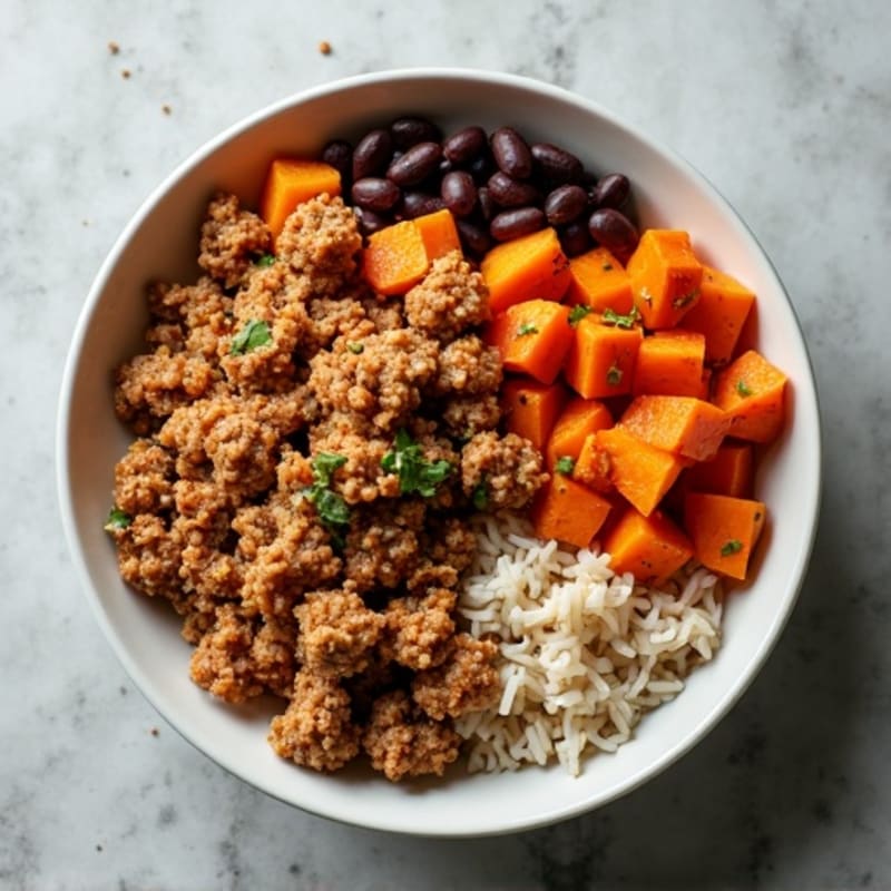 Lean Ground Turkey and Roasted Sweet Potato Rice Bowl