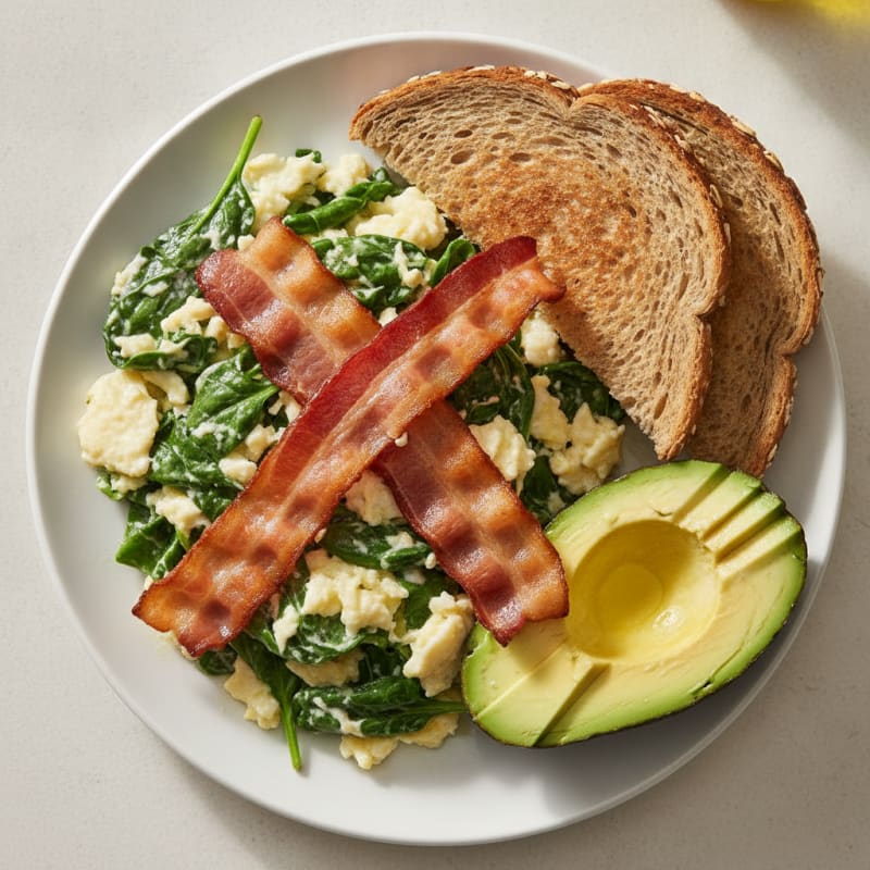 Crispy Turkey Bacon and Egg White Scramble with Sautéed Spinach
