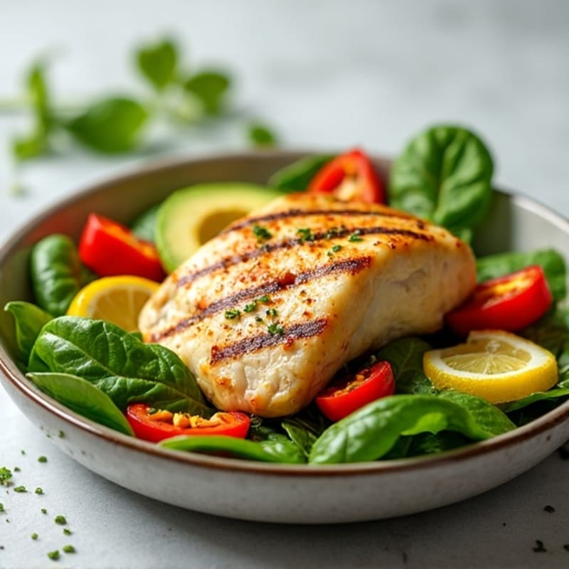Grilled Chicken Salad with Fresh Spinach, Crispy Bell Peppers, and Creamy Avocado