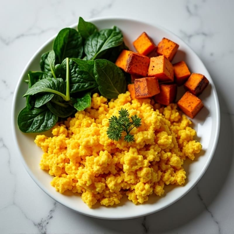 Fluffy Turmeric Tofu Scramble with Sautéed Greens and Roasted Sweet Potatoes