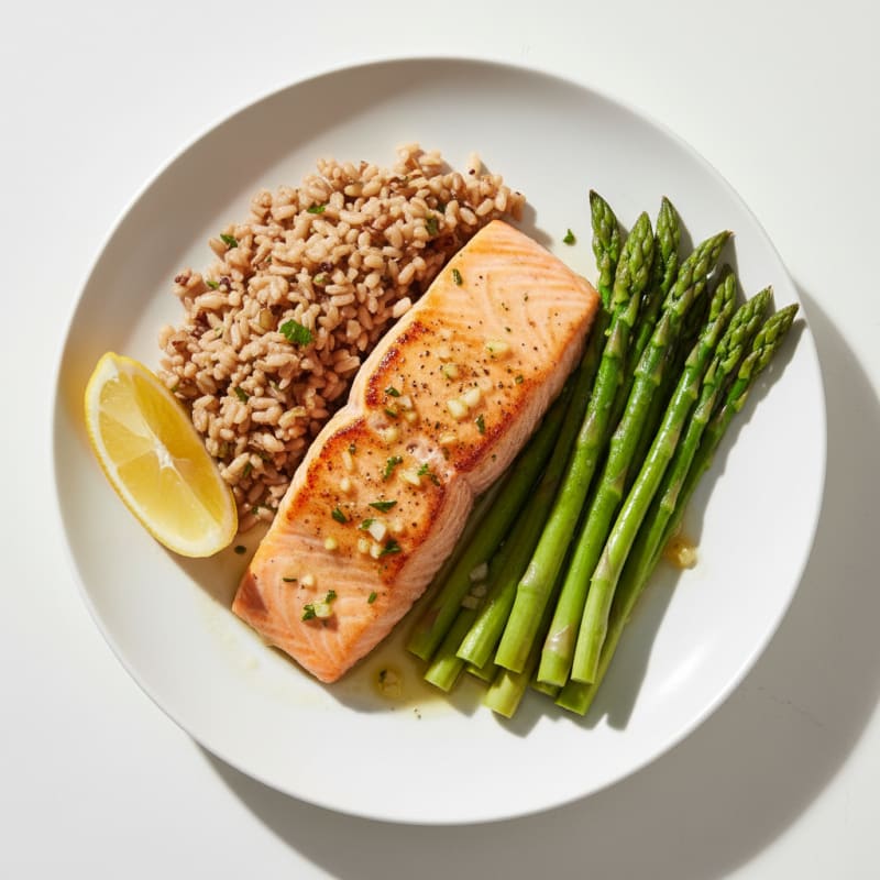 Seared Salmon with Steamed Asparagus and Brown Rice