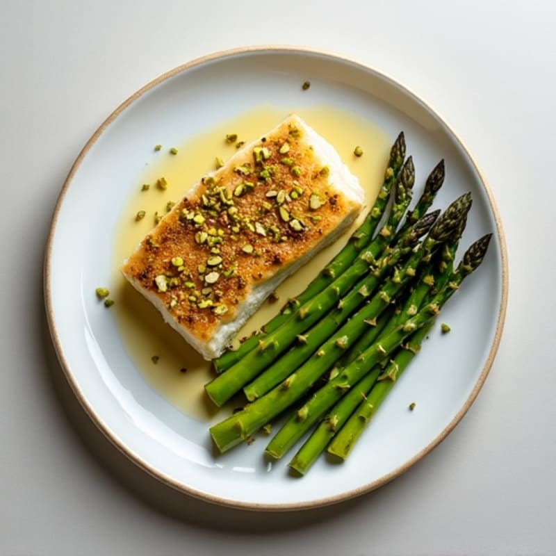 Crispy Pistachio-Crusted Cod with Lemon-Garlic Roasted Asparagus
