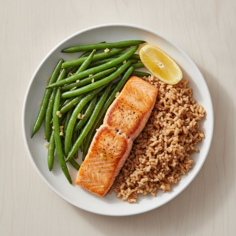 Seared Salmon with Garlic Green Beans and Brown Rice