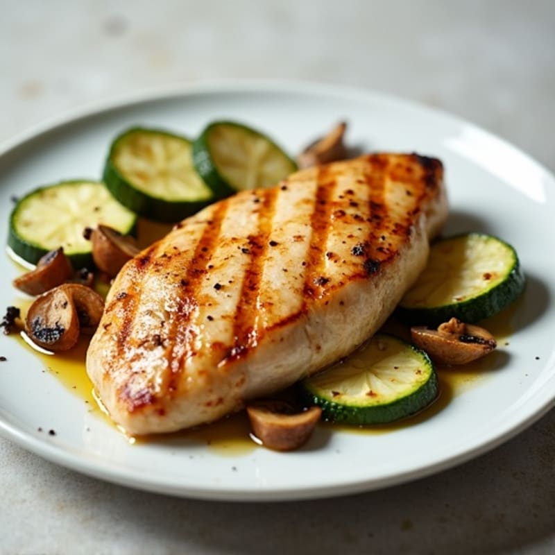 Grilled Chicken Breast with Roasted Zucchini and Garlic Mushrooms