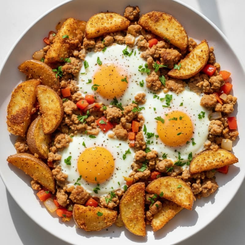 Baked Eggs with Roasted Potatoes and Savory Turkey